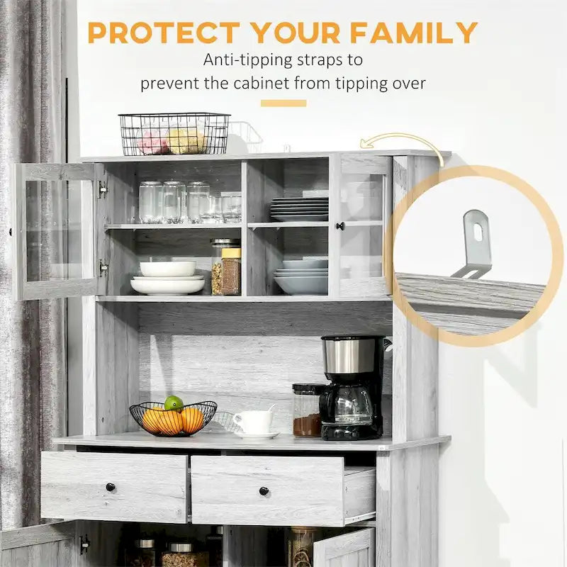 Glass Doors Kitchen Buffet with Hutch and Drawers - N/A