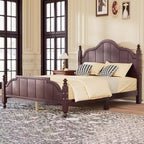 Vintage Queen Platform Bed Frame - Solid Pine, MDF Headboard, No Box Spring Needed