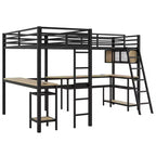 Twin Metal L-Shaped Loft Bed with Storage Shelves, 2 Built-in Desks - Black