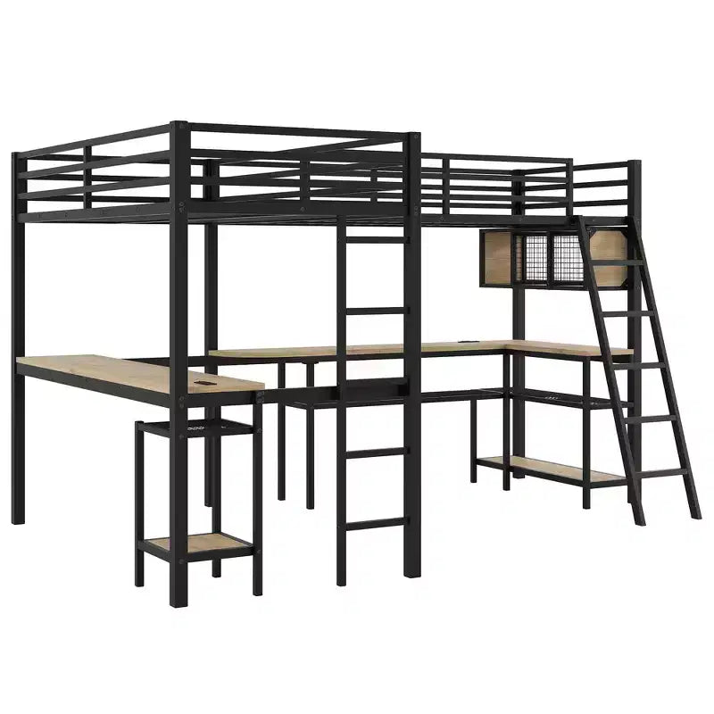 Twin Metal L-Shaped Loft Bed with Storage Shelves, 2 Built-in Desks - Black