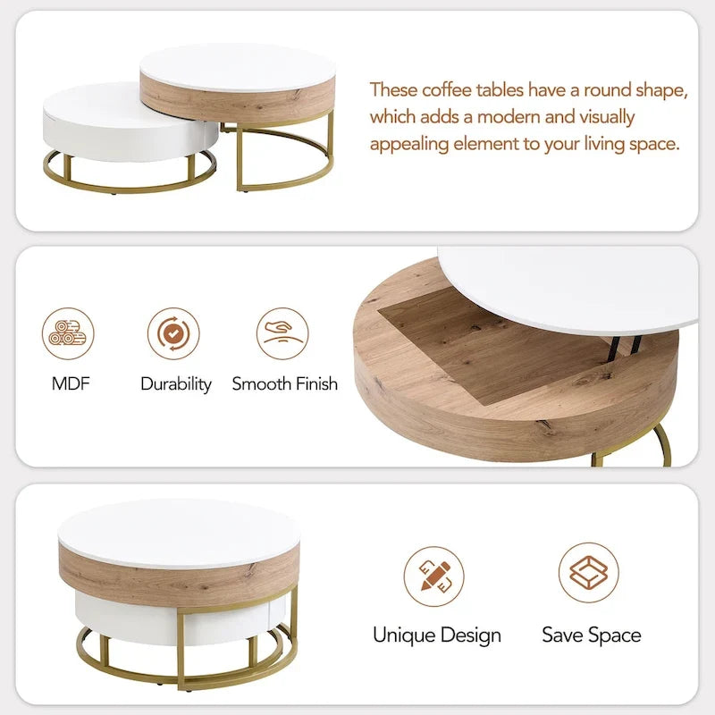 Modern Round Lift-top Nesting Coffee Tables with 2 Drawers