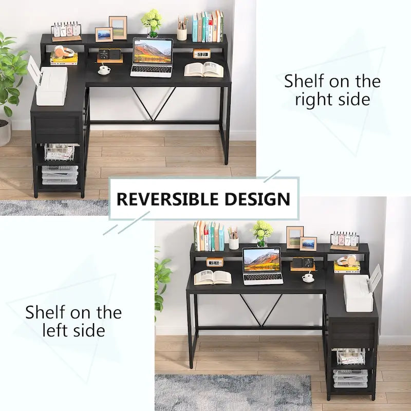 L Shaped Desk with Drawer, Home Office Corner Desk with Storage Shelves and Monitor Stand, Rustic PC Desk for Small Space