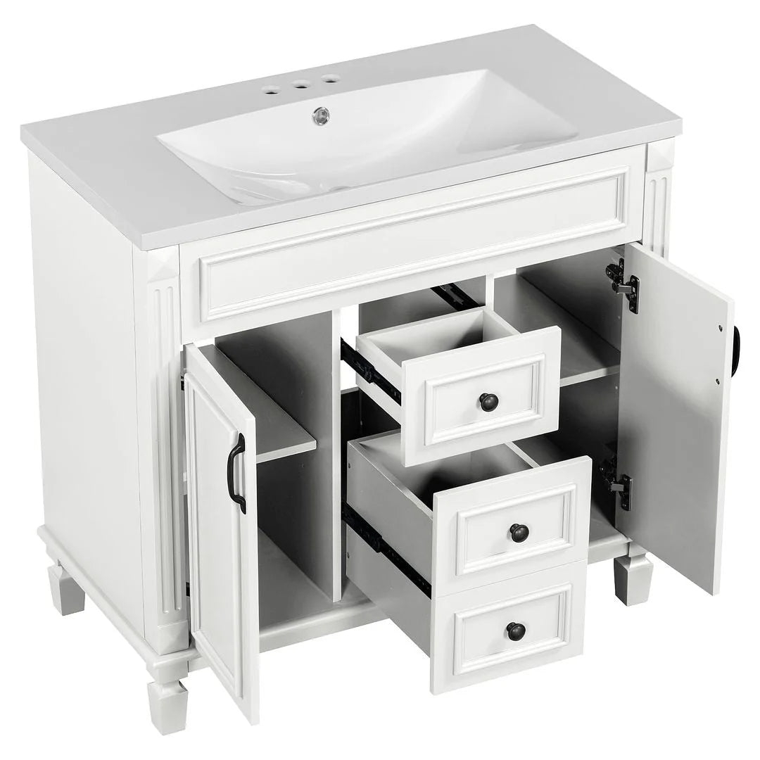 36 Modern Bathroom Vanity with Top Sink and Mirror Cabinet,2 Doors and 2 Drawers