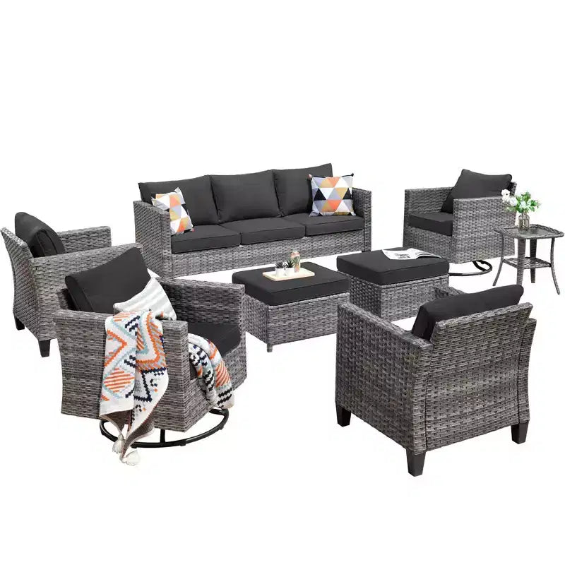 Ovios Tampa 8pc Wicker Outdoor Patio Furniture Conversation Sofa Set with Swivel Chairs and Cushions