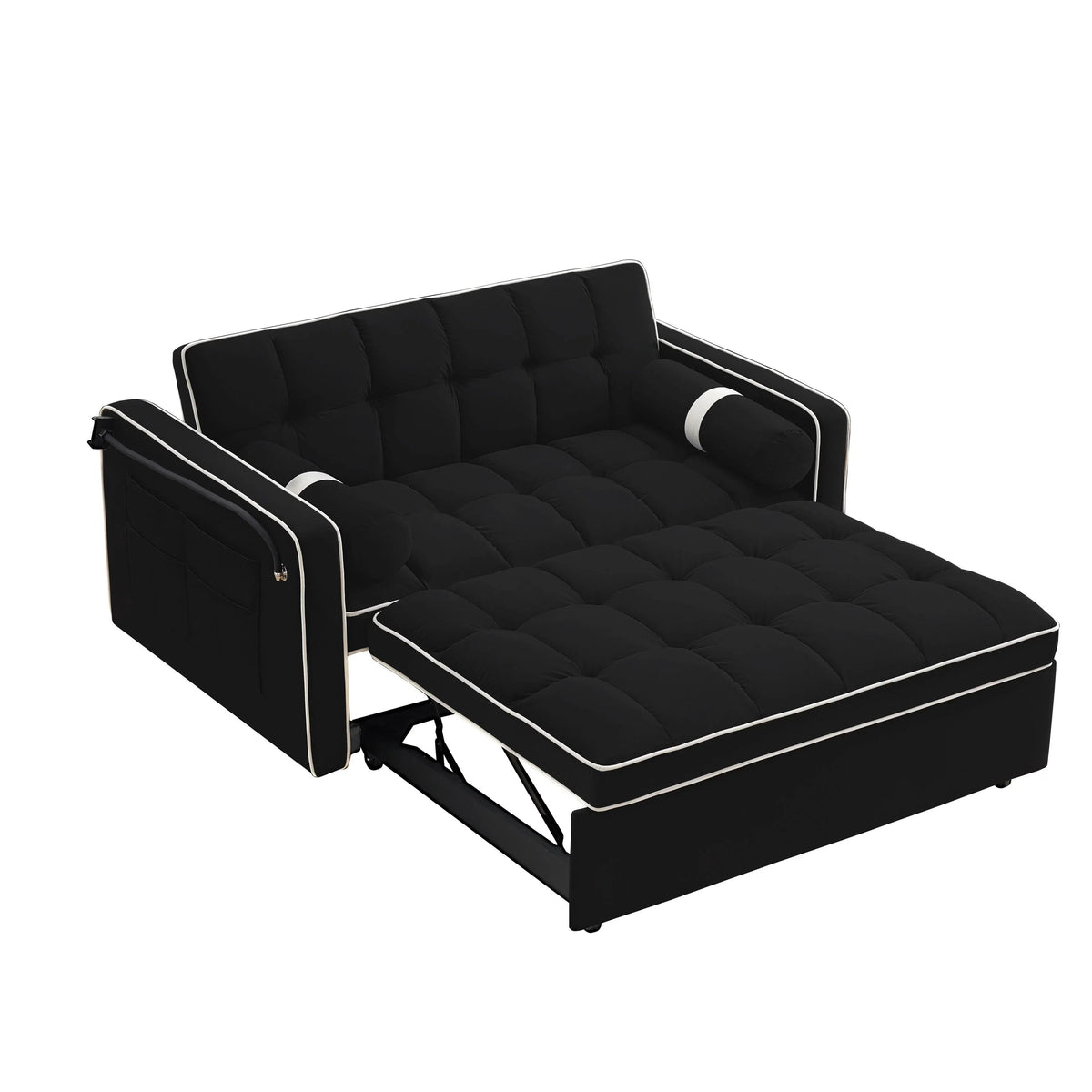 Velvet Convertible 55 2-Seater Sleeper Sofa with Pull-Out Bed, Adjustable Recline, Side Pockets, and Phone Holder