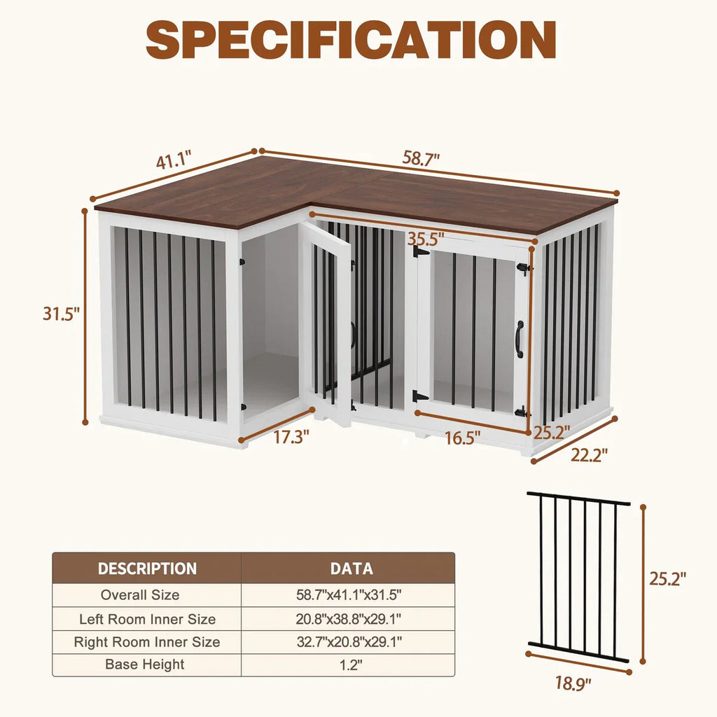 Large Corner Dog Crate Furniture for 2 Dogs, L Shape Dog Crate Cage - 58.7X41.1