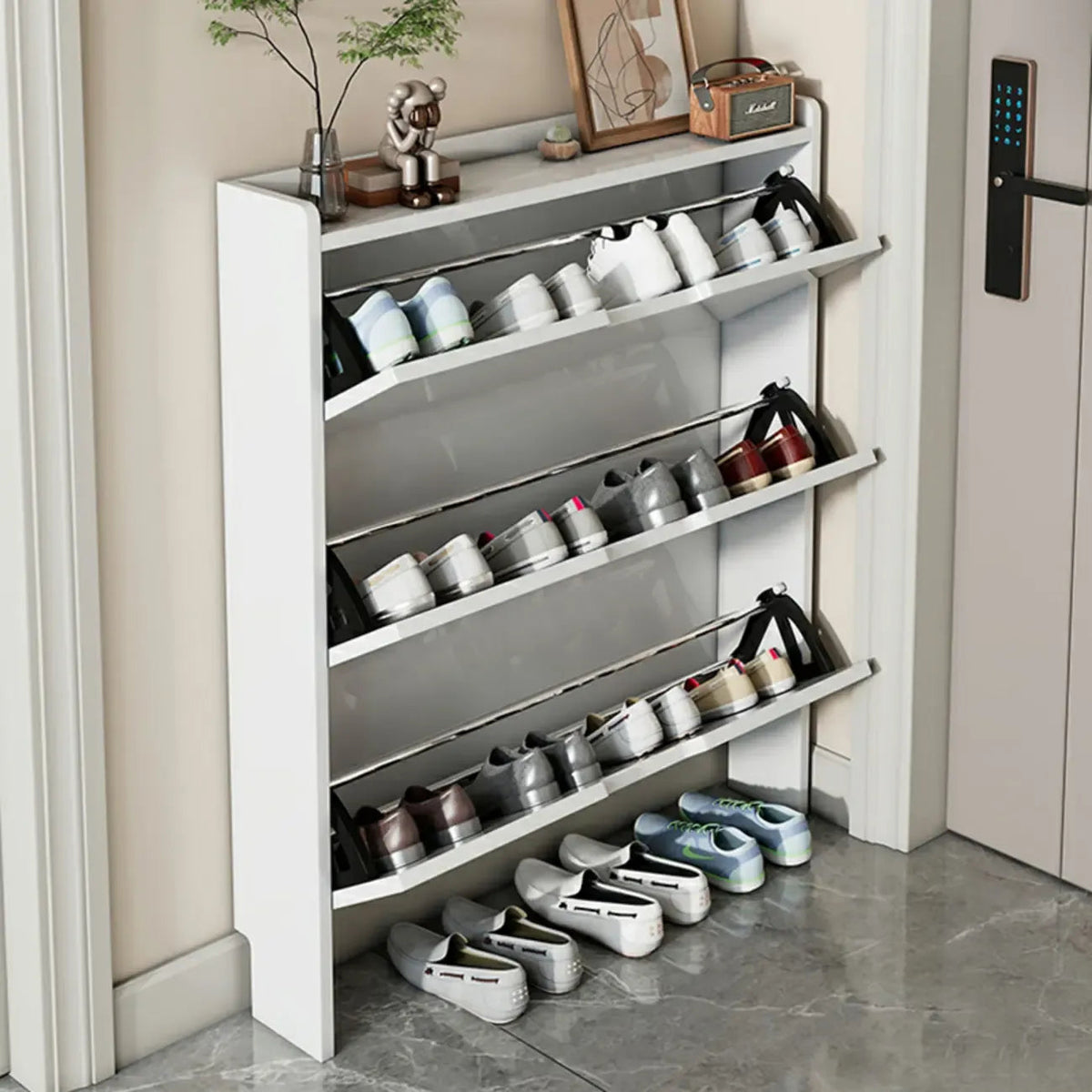 3-Tier White Wood Shoe Cabinet with Drop Front