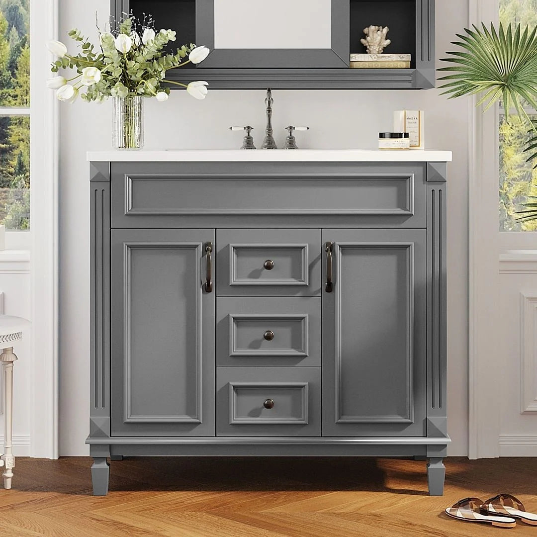 36 Modern Bathroom Vanity with Top Sink and Mirror Cabinet,2 Doors and 2 Drawers