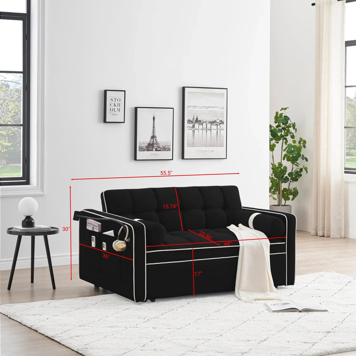 Velvet Convertible 55 2-Seater Sleeper Sofa with Pull-Out Bed, Adjustable Recline, Side Pockets, and Phone Holder