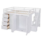 Teddy Fleece Full Size Loft Bed with Storage Shelf and Drawers, Wooden High Loft Bed with Versatile Desk for Bedroom