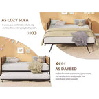 Twin Size Daybed with Trundle, Metal Frame with Wavy Wood Grain Headboard, Lockable Casters, Space-Saving Sofa Bed, No Box Spring Needed