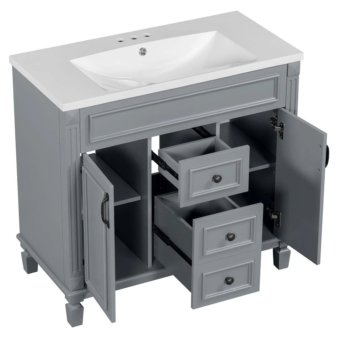 36 Modern Bathroom Vanity with Top Sink and Mirror Cabinet,2 Doors and 2 Drawers