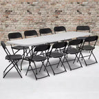Emma and Oliver 8 Bi-Fold White Plastic Event/Training Folding Table Set w/ 10 Folding Chairs