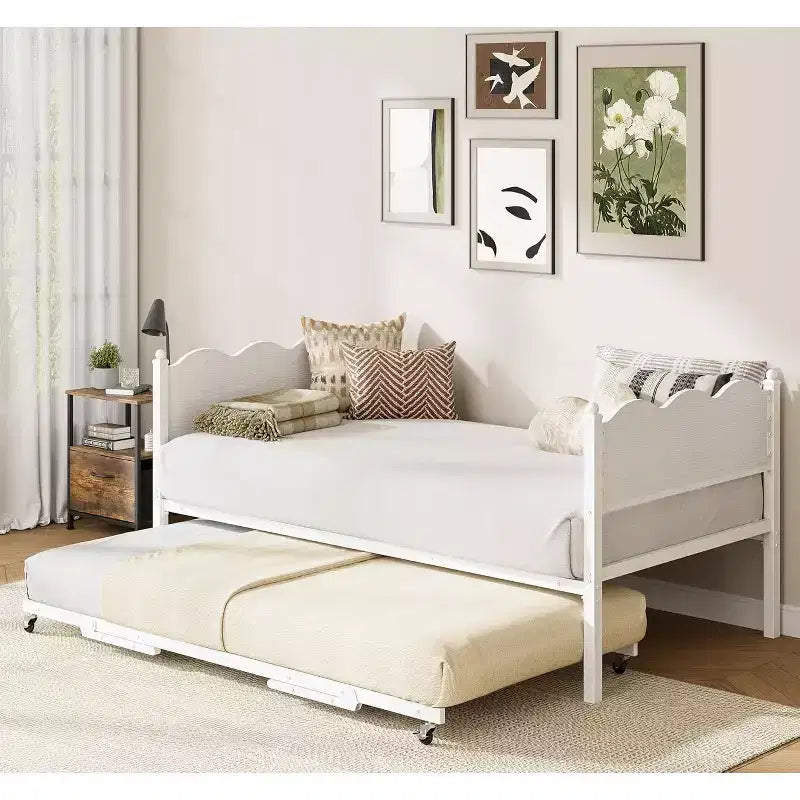 Twin Size Daybed with Trundle, Metal Frame with Wavy Wood Grain Headboard, Lockable Casters, Space-Saving Sofa Bed, No Box Spring Needed