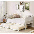 Twin Size Daybed with Trundle, Metal Frame with Wavy Wood Grain Headboard, Lockable Casters, Space-Saving Sofa Bed, No Box Spring Needed