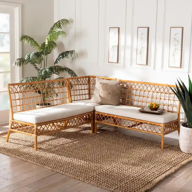 Capella Modern Bohemian Honey Rattan 3-Piece Dining Nook Banquette Set