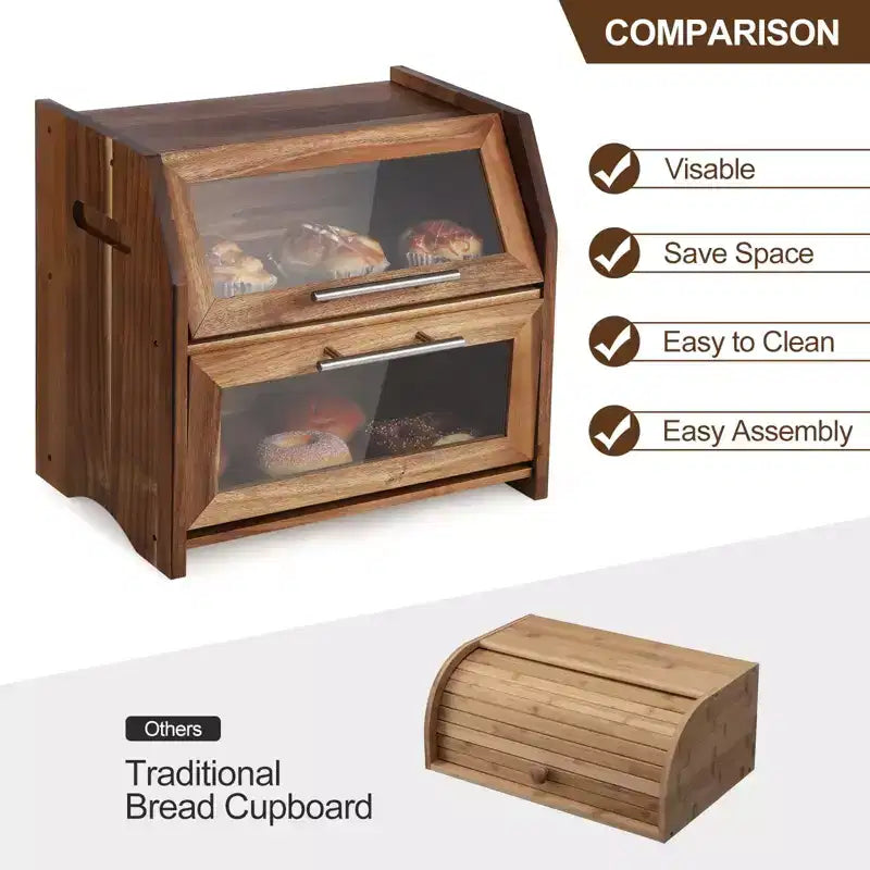 Bread Box, Double Layer Acacia Wooden Bread Bin with Clear Acrylic Door Panel, Air Vents, Countertop Bread Container, Rustic Brown Bread Holder