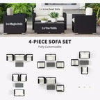 4 Pieces Rattan Sofa Set Wicker Patio Sofa Set with Loveseat Chairs Glass Top Coffee Table for Garden Outdoor