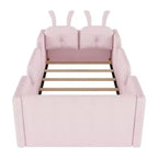Whisen Twin Platform Bed, Kids Floor Upholstered Bed Frame with Rabbit Cushion, Removable Side Rails