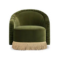 Jennifer Taylor Home Serena 31.5 Ruched Barrel Back Accent Arm Chair with Bullion Fringe, Olive Green Performance Velvet
