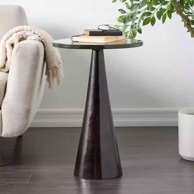 Aluminum Geometric Cone Accent Table with Textured Glass Tabletop 24 in