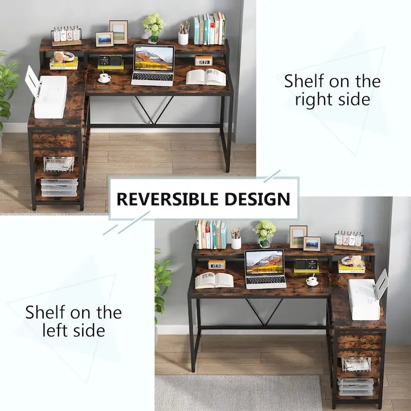 L Shaped Desk with Drawer, Home Office Corner Desk with Storage Shelves and Monitor Stand, Rustic PC Desk for Small Space