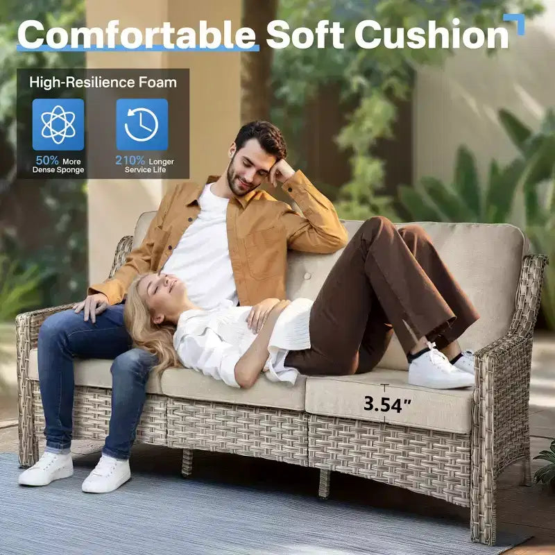 HOMLUX 6 PCS Patio Wicker Conversation Set 3-Seat Sofa with Cushion, Rattan Chairs, Ottomans, Coffee Table