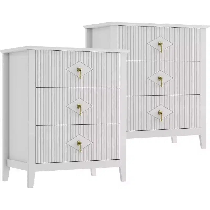 2Pcs Fluted Wood Nightstands, 27.5 Wide 3-Drawer Dresser Set, Modern Bedside Tables, Chest of Drawers for Bedroom, Living Room
