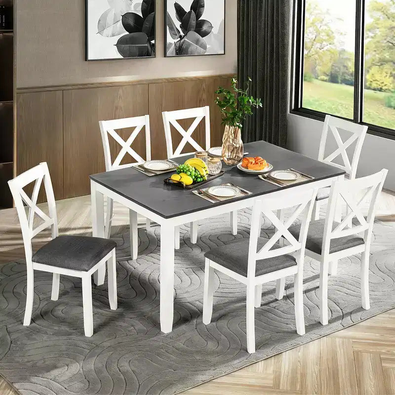 GDFStudio Loren Modern 7-Piece Solid Wood Upholstered Dining Table and Chairs Set