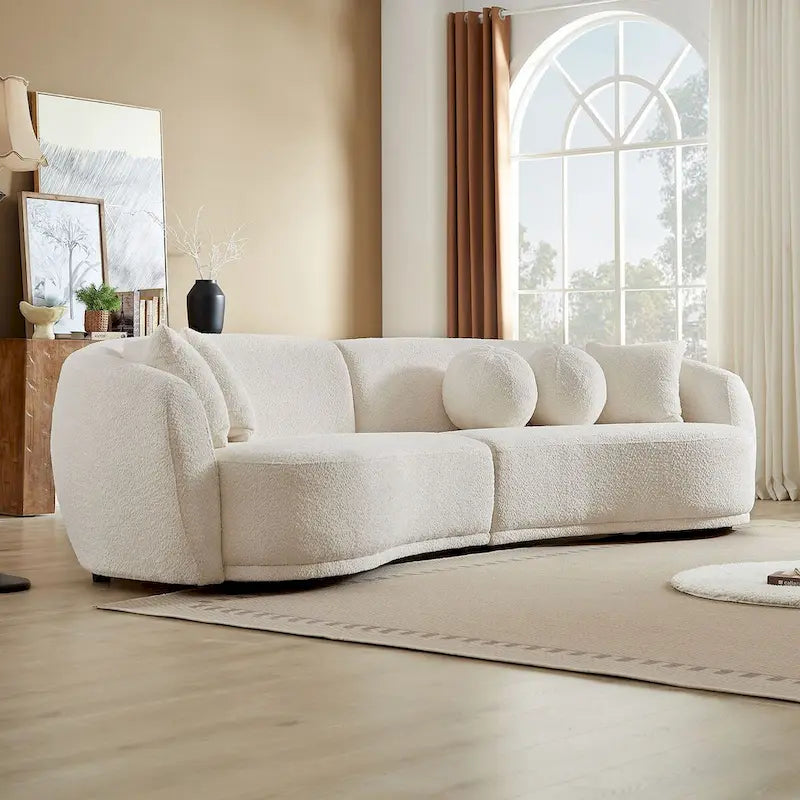 Deep Seat Curved Sectional Sofa, Boucle Fabric with 5 Throw Pillows