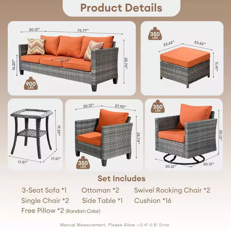 Ovios Tampa 8pc Wicker Outdoor Patio Furniture Conversation Sofa Set with Swivel Chairs and Cushions