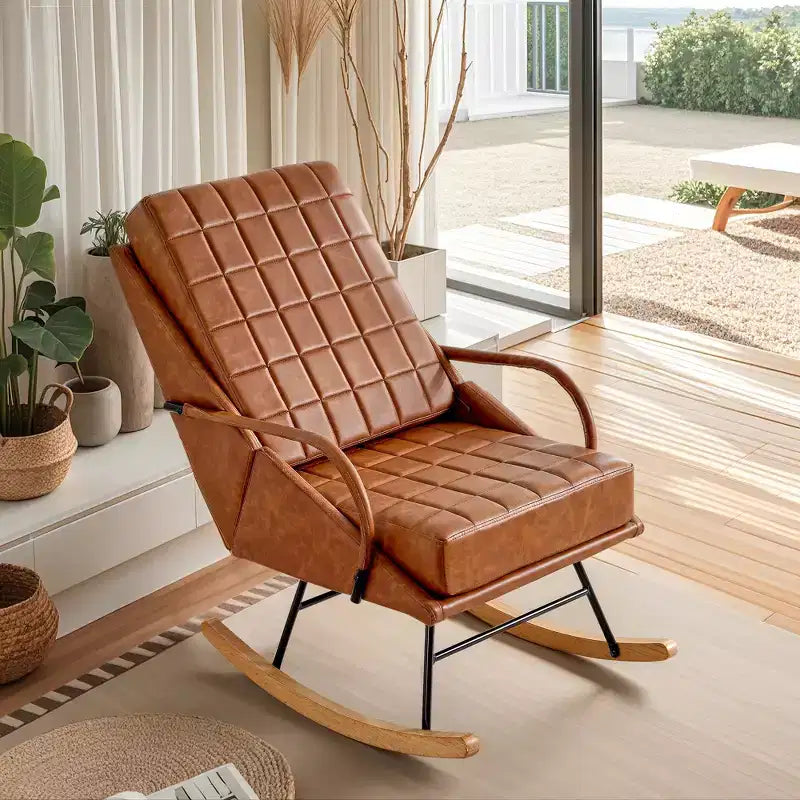 VECELO Upholstered Faux Leather/Teddy Fabric Rocking Chair Modern Lounge Rocker Recliner with Padded Seat, Safe Solid Wood Base White/Brown