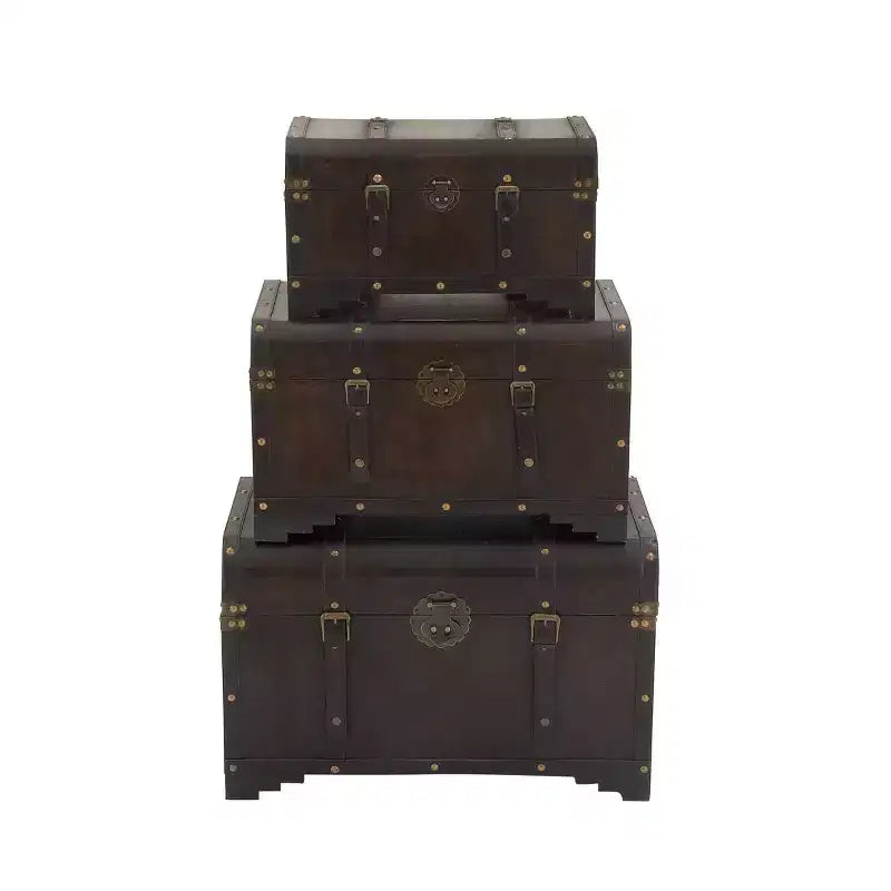 Set of 3 Traditional Wood Trunks Brown - Olivia & May: Distressed Finish, No Assembly, Decorative Storage