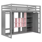 Kids Loft Bed with Wardrobe and Shelves, Wooden Loft Bed Frame with Storage Cabinet for Kids Teens