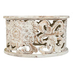 Alina Coffee Table Handcrafted Mango Wood Floral Carved Cut Out Design Distressed White Finish 33 Inch