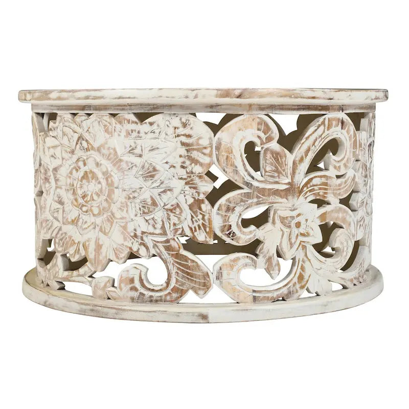 Alina Coffee Table Handcrafted Mango Wood Floral Carved Cut Out Design Distressed White Finish 33 Inch