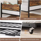 Twin Size Daybed with Trundle, Metal Frame with Wavy Wood Grain Headboard, Lockable Casters, Space-Saving Sofa Bed, No Box Spring Needed
