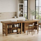 Lantine 55 Inches Kitchen Island with Storage, 3-Tier Wooden Stationary Island Table, Modern Bar Table with Storage Shelf for Kitchen, Rustic Brown
