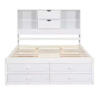 Queen/King Size Platform Bed Pine Wood Bed Frame with Storage Headboard and 8 Drawers