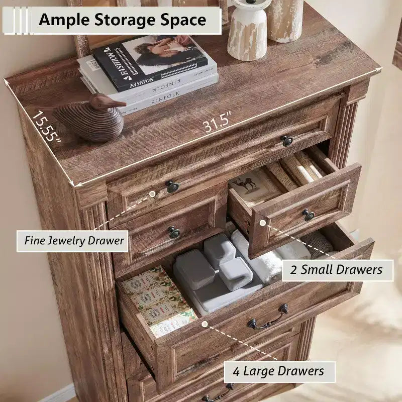 Mastgoal 57 Farmhouse Dresser with 7 Drawers, Rustic Wood Closet Storage with Roman Column for Bedroom