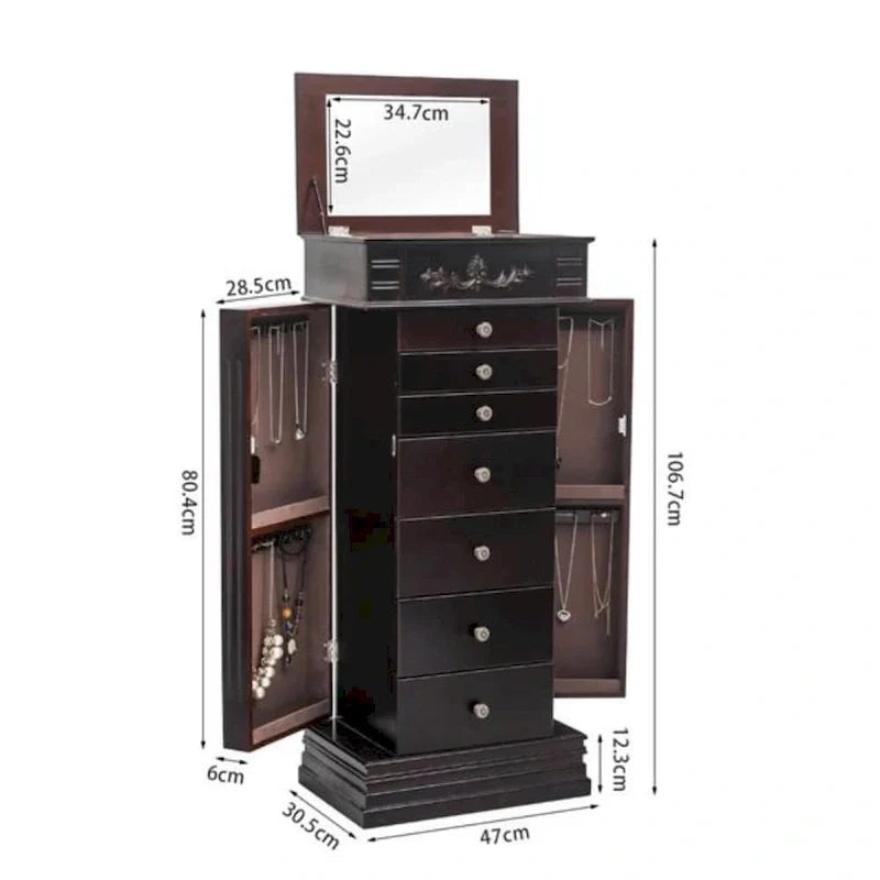 Stylish Jewelry Armoire with Mirror and Necklace Hooks - 18.5 x 12 x 42