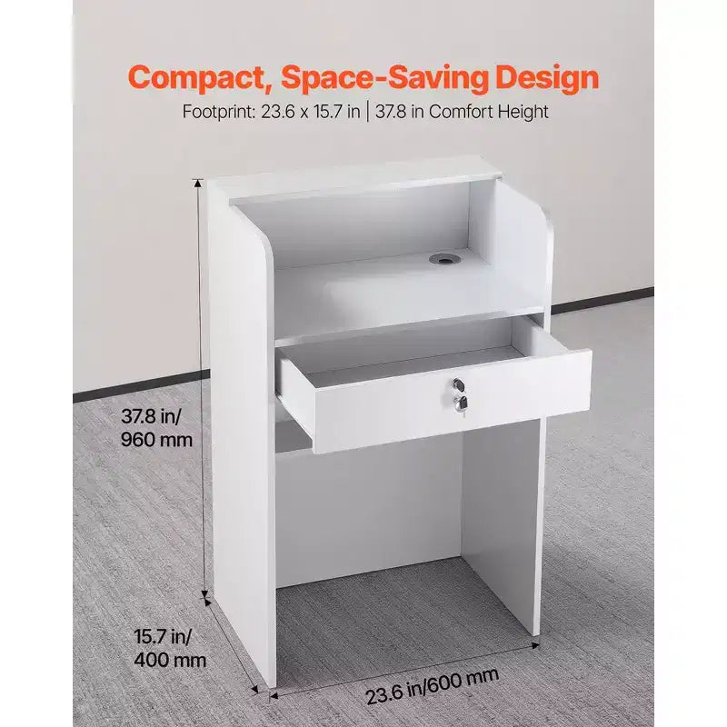 VEVOR Reception Desk, 23.6 in Rectangular Front Counter Table, Modern Office Reception Desk with Drawer, Small Minimalist Retail Counter Table,White