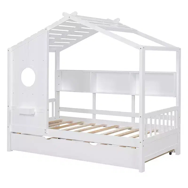 Twin Size House Bed with Trundle and Storage Shelf for Kids, White