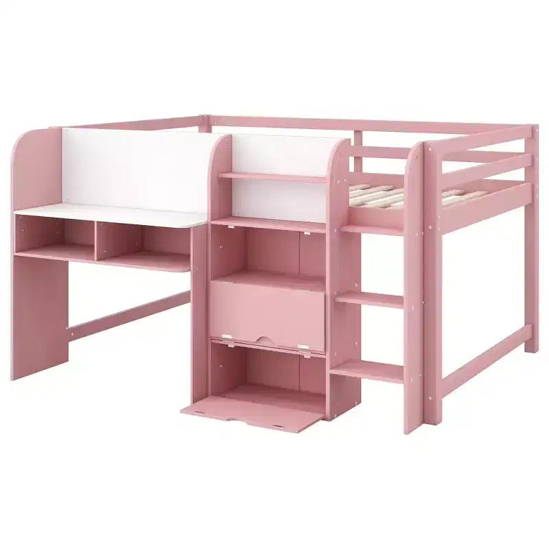 Pink/White Low Loft Bed with Desk, Storage & Whiteboard ?C Twin, 1-Person