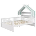 ModernLuxe Twin/Full Size Wooden House Bed with Storage Headboard, Solid Pine Kids Bed Frame with Guardrails