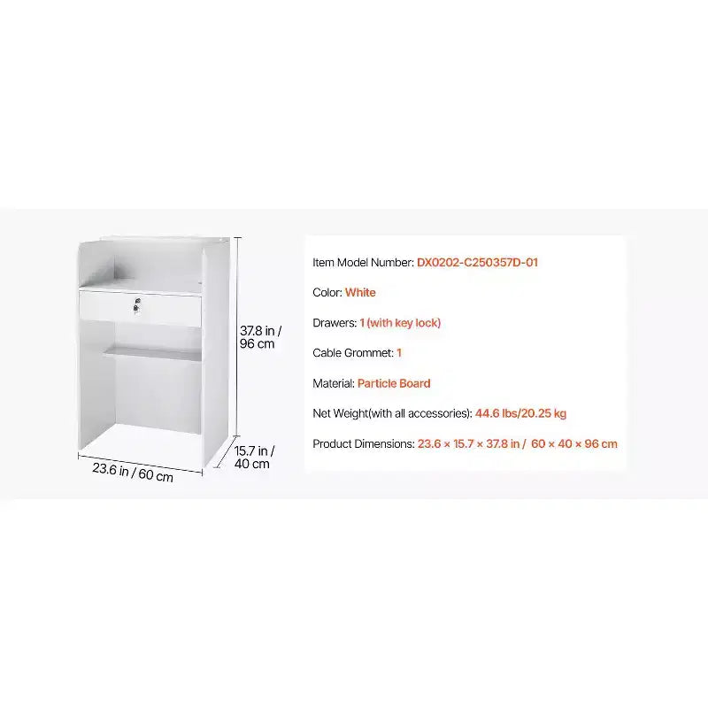 VEVOR Reception Desk, 23.6 in Rectangular Front Counter Table, Modern Office Reception Desk with Drawer, Small Minimalist Retail Counter Table,White