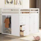 Teddy Fleece Full Size Loft Bed with Storage Shelf and Drawers, Wooden High Loft Bed with Versatile Desk for Bedroom