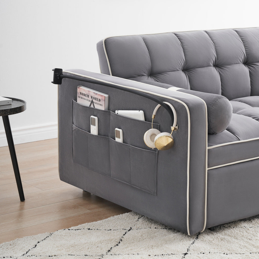 Velvet Convertible 55 2-Seater Sleeper Sofa with Pull-Out Bed, Adjustable Recline, Side Pockets, and Phone Holder