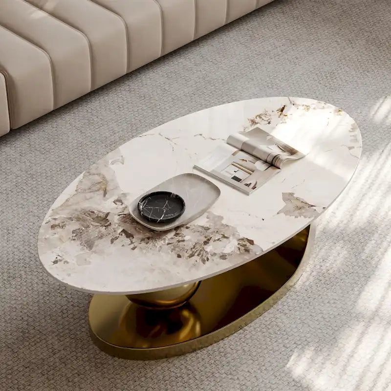 51 Modern Pandora Oval Coffee Table with Glossy Sintered stone top, Luxury Coffee Table, Stainless Steel Legs for Livingroom