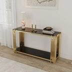 Narrow 2-tier Console Table with Gold Finished Metal Frame and Tempered Glass Top